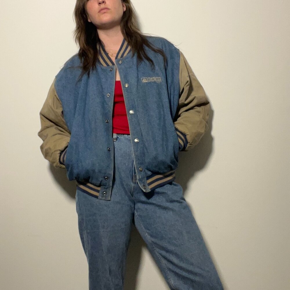 Vintage Denim Varsity Jacket – Classic 90s Style